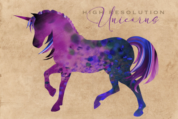 Artsy Purple Watercolor Unicorn Clipart and Illustrations