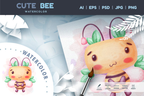 Cartoon Character Bee - Watercolor Illustrations