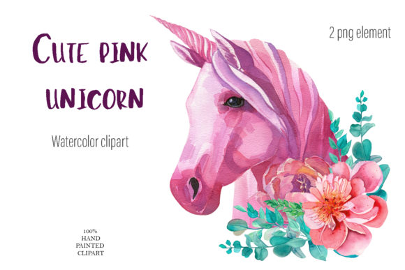 Cute Pink Unicorn Clipart Watercolor Illustrations