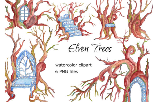 Elven Trees Watercolor Clipart: Magical Illustrations