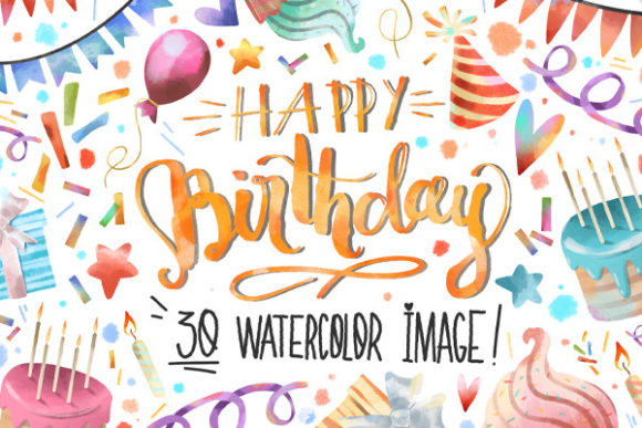 Happy Birthday Watercolor Clipart: Soft Illustrations