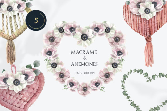 Macrame and Anemones Watercolor Hearts Illustrations