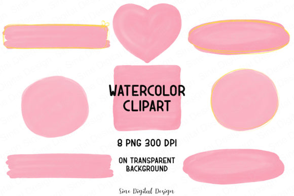 Pink Watercolor and Gold Glitter Clipart Illustrations