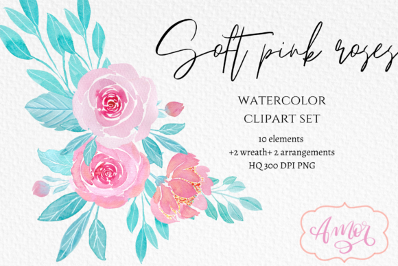 Pink Watercolor Roses Clipart and Illustrations
