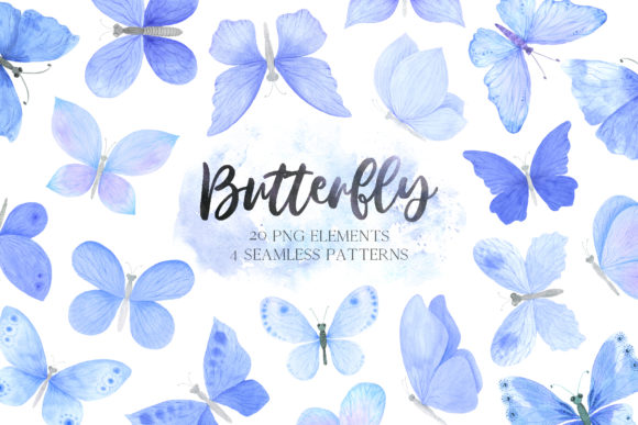 Watercolor Blue Butterfly Clipart and Illustrations