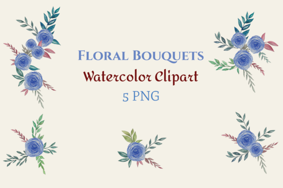Watercolor Blue Floral Bouquets Illustrations