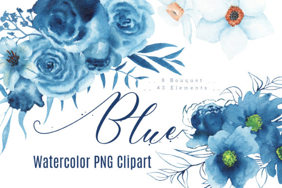 Watercolor Blue Flowers Clip Art and Illustrations
