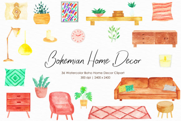 Watercolor Boho Home Decor Clipart