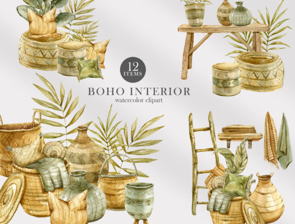 Watercolor Boho Interior Decor Clipart and Illustrations