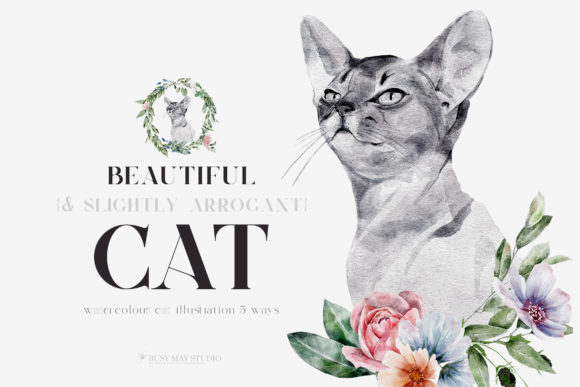 Watercolor Cat Portrait with Flowers PNG