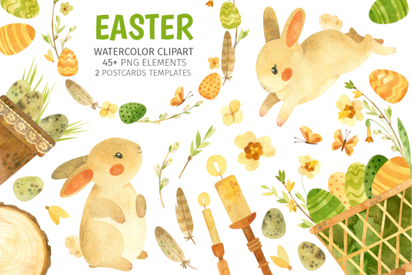 Watercolor Clipart with Easter Bunny and Illustrations
