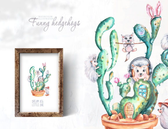 Watercolor Cute Hedgehogs and Cactus Illustrations