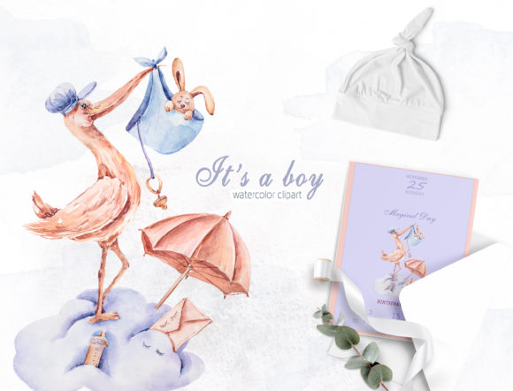 Watercolor Cute Stork Clipart. Baby Boy Illustrations