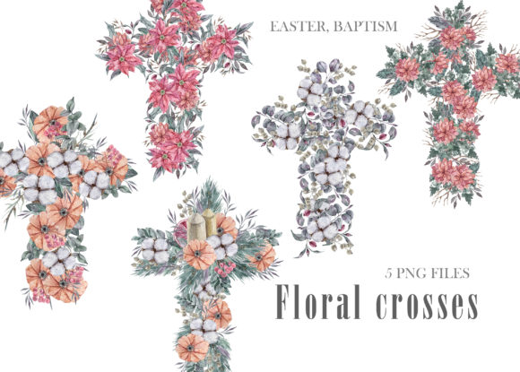 Watercolor Floral Crosses Png and Illustrations