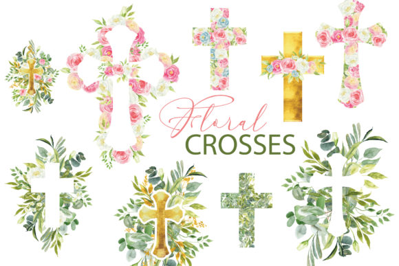 Watercolor Floral Easter Cross Clipart and Illustrations