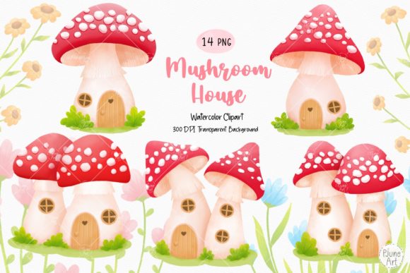 Watercolor Mushroom Houses with Flowers Illustrations