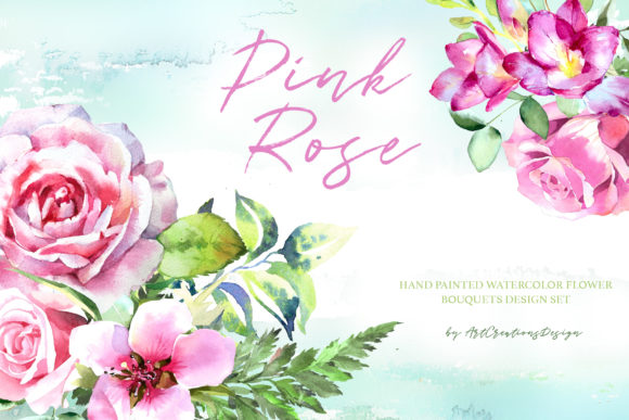 Watercolor Pink Roses Clipart Set Illustrations