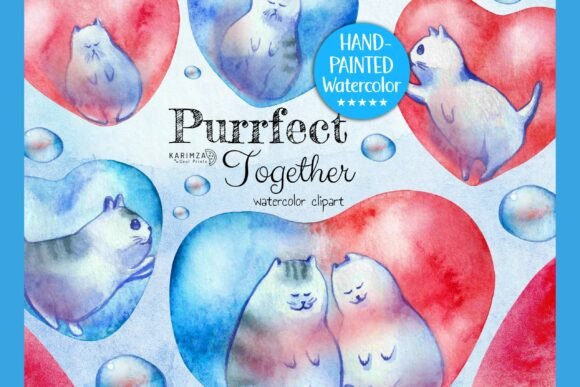 Watercolor Romantic Cats Heart Clipart