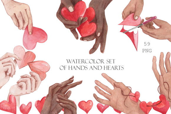 Watercolor Set of Hands and Hearts Illustrations