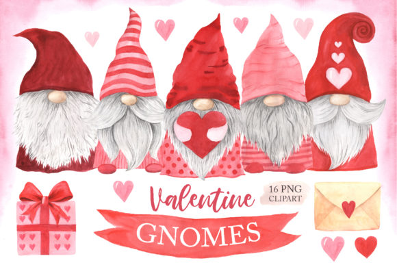 Watercolor Valentine Day Gnomes Clipart and Illustrations