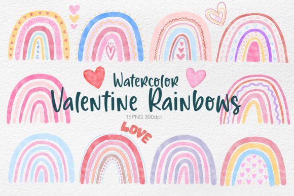 Watercolor Valentine Rainbow Clipart and Illustrations