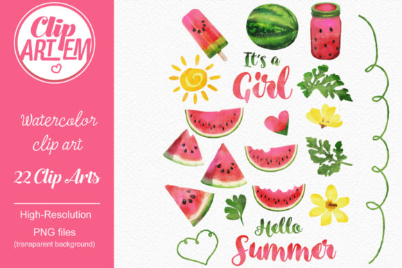 Watermelon Watercolor Summer Set PNG and Illustrations